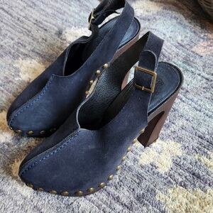 Blue suede clogs